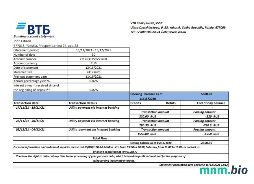 Rosja VTB bank dowód adresu szablon oświadczenia w formacie Word i PDF
